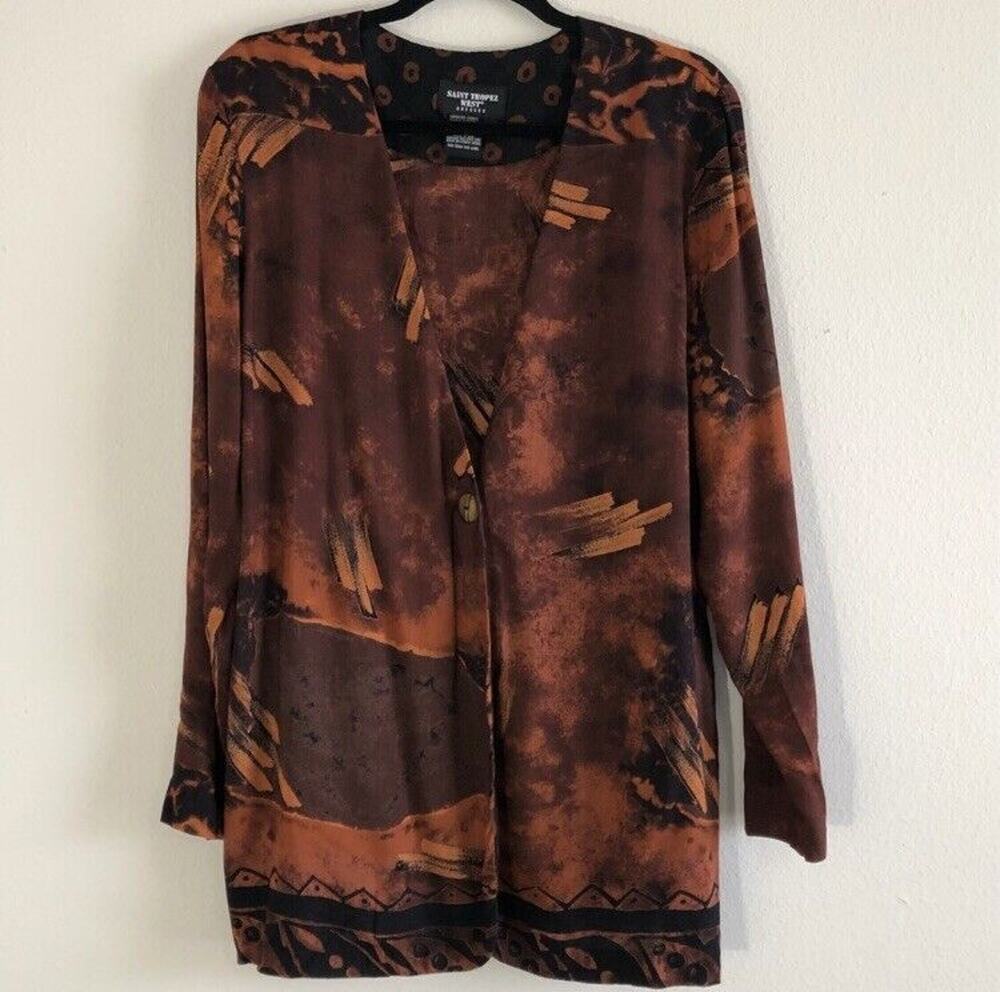 Vintage Saint Tropez West Size 14 Orange Black Long Sleeve Cardigan Top Coverup
